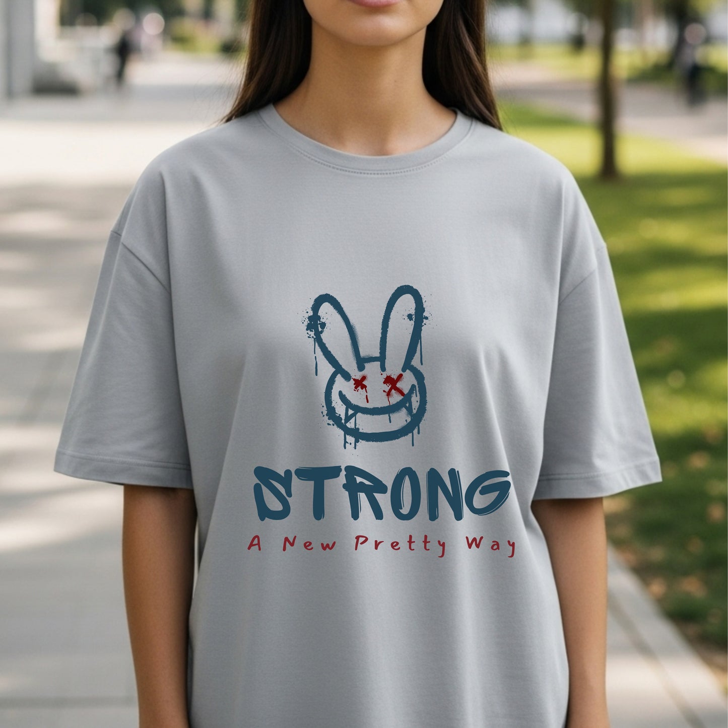 Strong A New Pretty Way - Graffiti Bunny with Red X Eyes Edgy Feminine Power Statement Artwork
