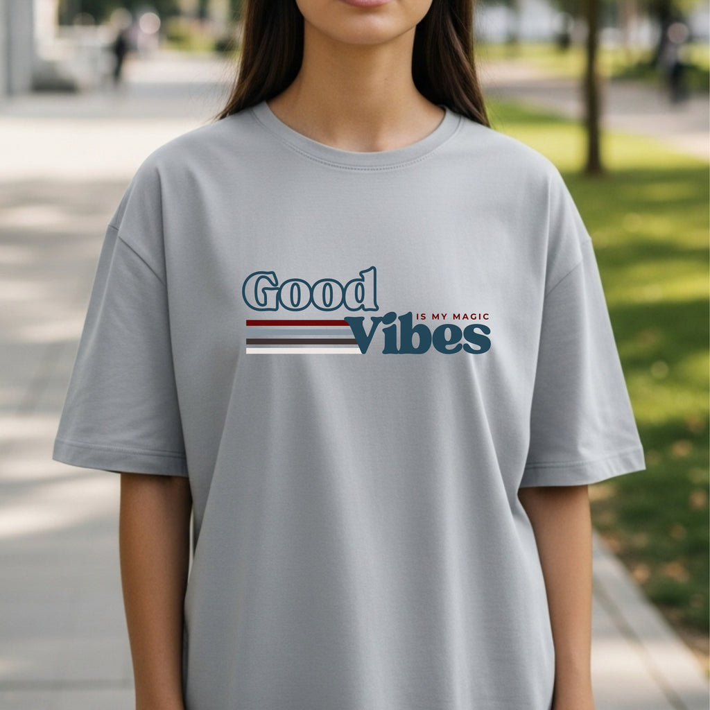 Good Vibes Is My Magic - Retro Striped Typography Positivity Mantra Statement Artwork