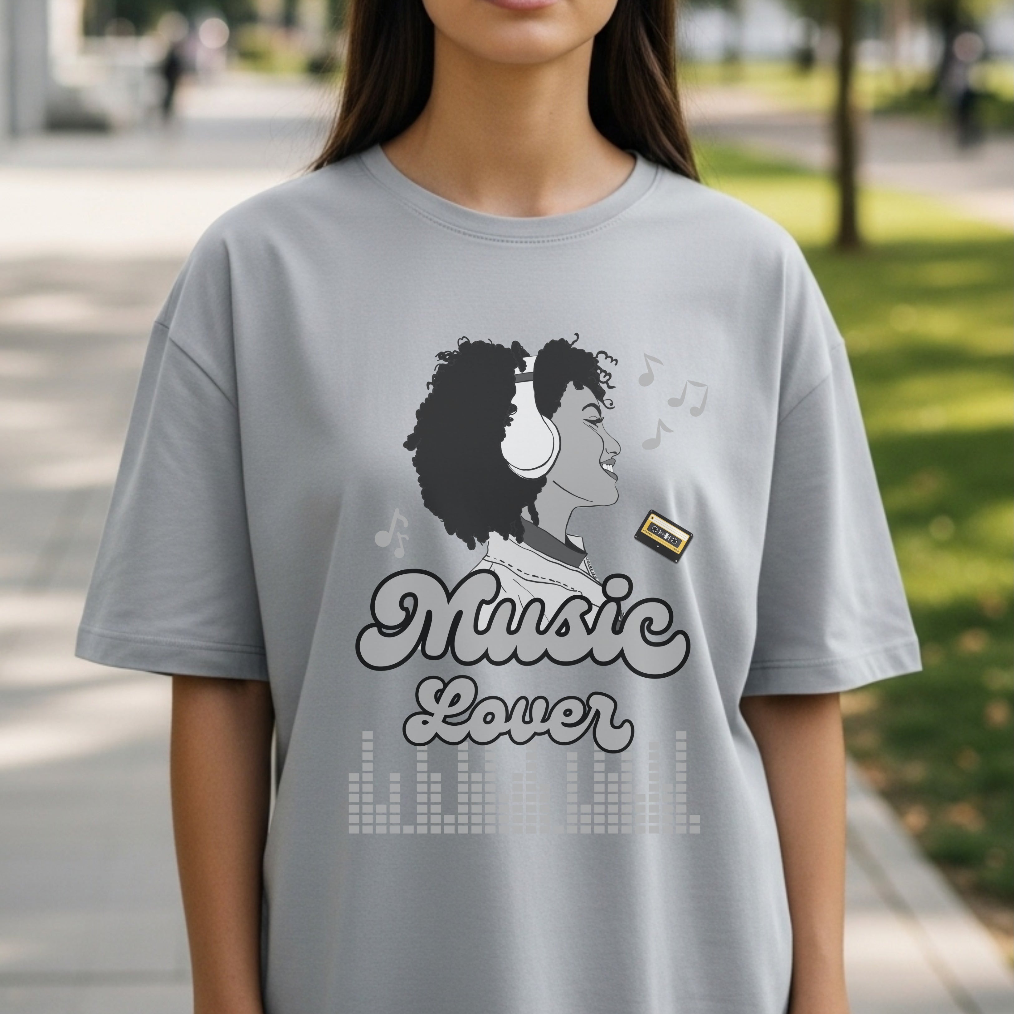 Music Lover - Illustrated Woman with Headphones Pink Script Equalizer Design Artwork