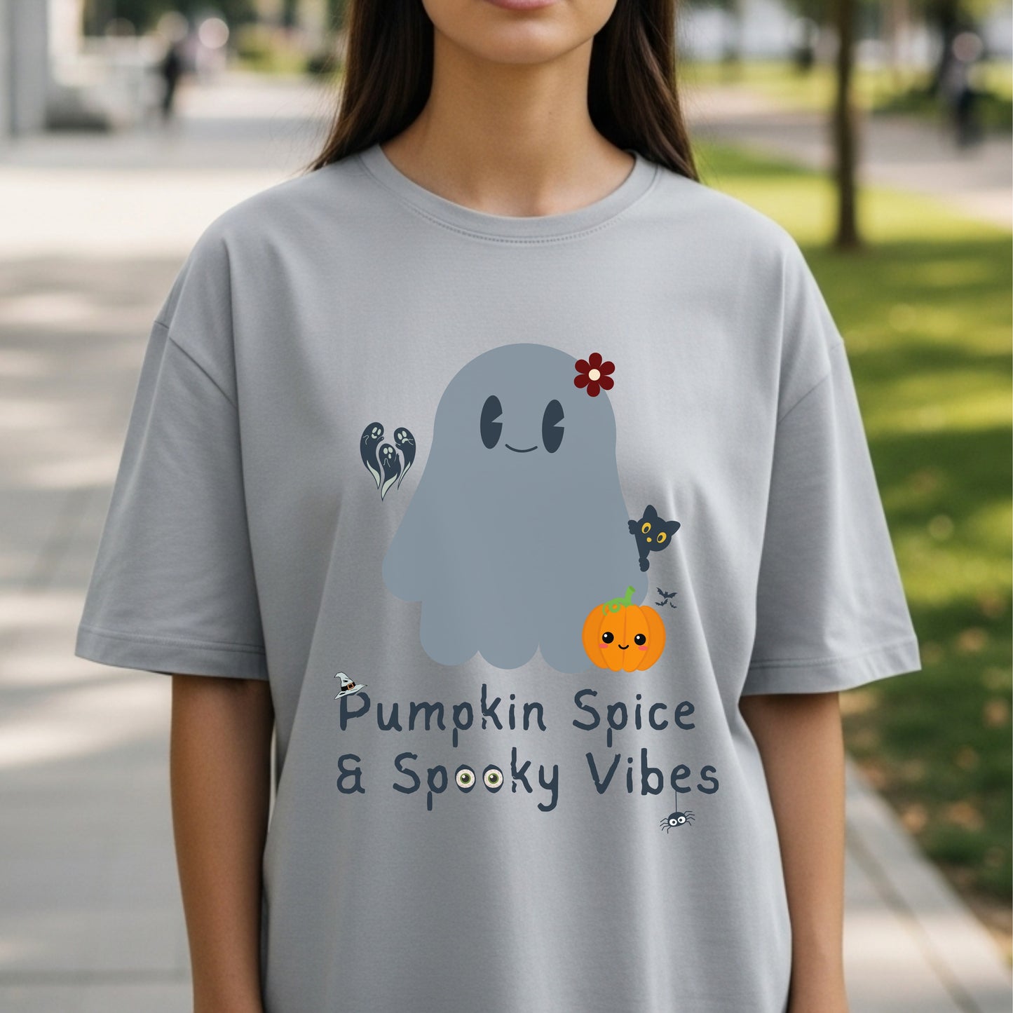 Pumpkin Spice & Spooky Vibes - Cute Halloween Ghost Autumn Season Statement Artwork