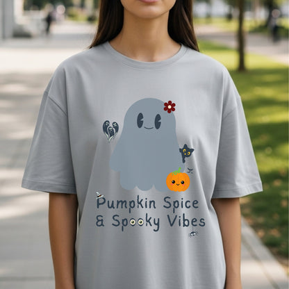 Pumpkin Spice & Spooky Vibes - Cute Halloween Ghost Autumn Season Statement Artwork