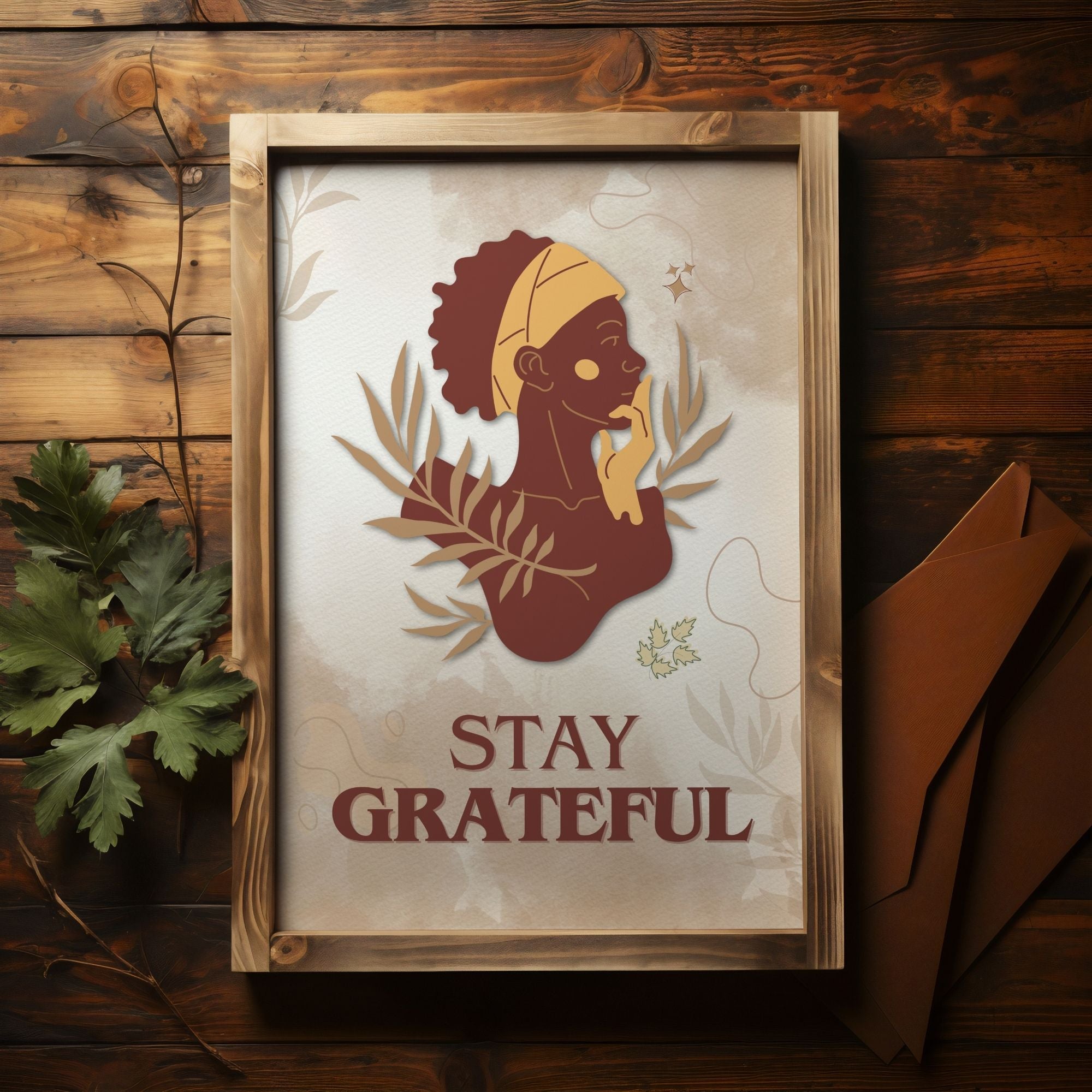 Stay Grateful - African American Gratitude Wall Art | Botanical Portrait Poster