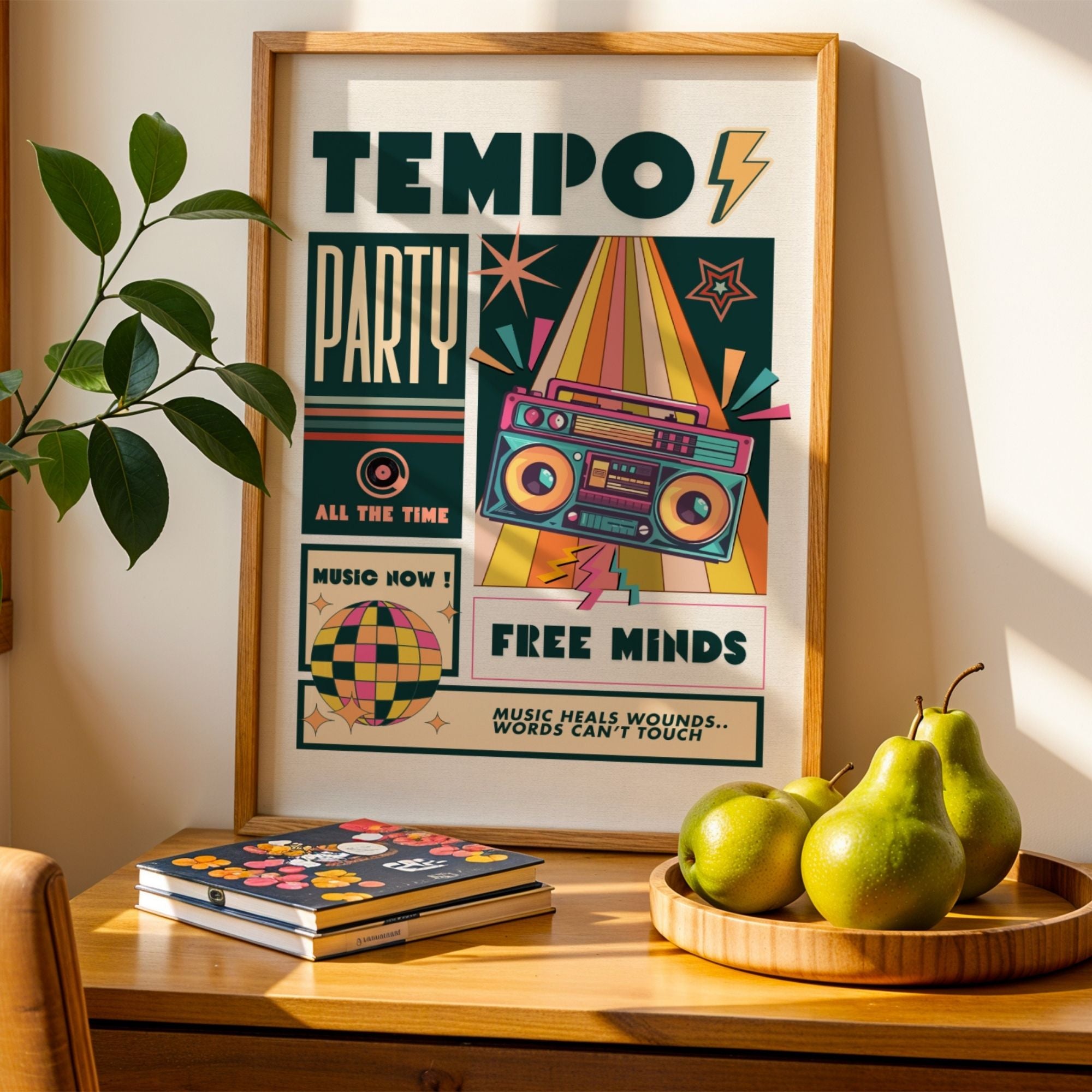 Tempo Party - Music Heals Wounds, Free Minds Retro Wall Art