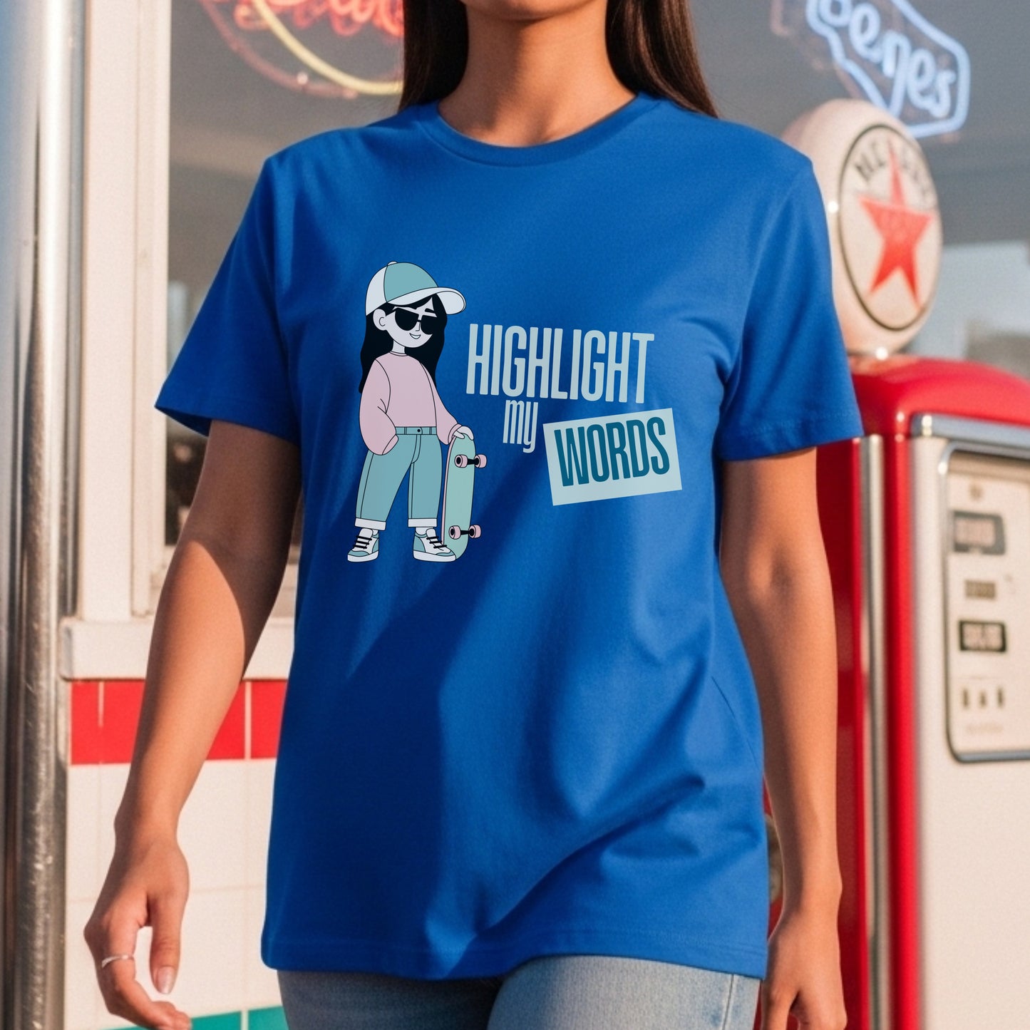 Highlight My Words - Cool Girl with Skateboard Confidence Expression Statement Artwork