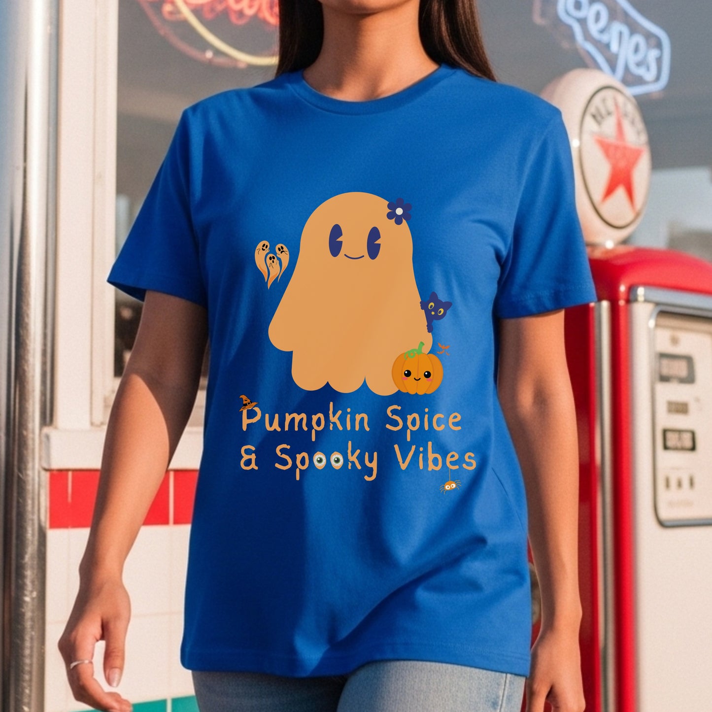 Pumpkin Spice & Spooky Vibes - Cute Halloween Ghost Autumn Season Statement Artwork