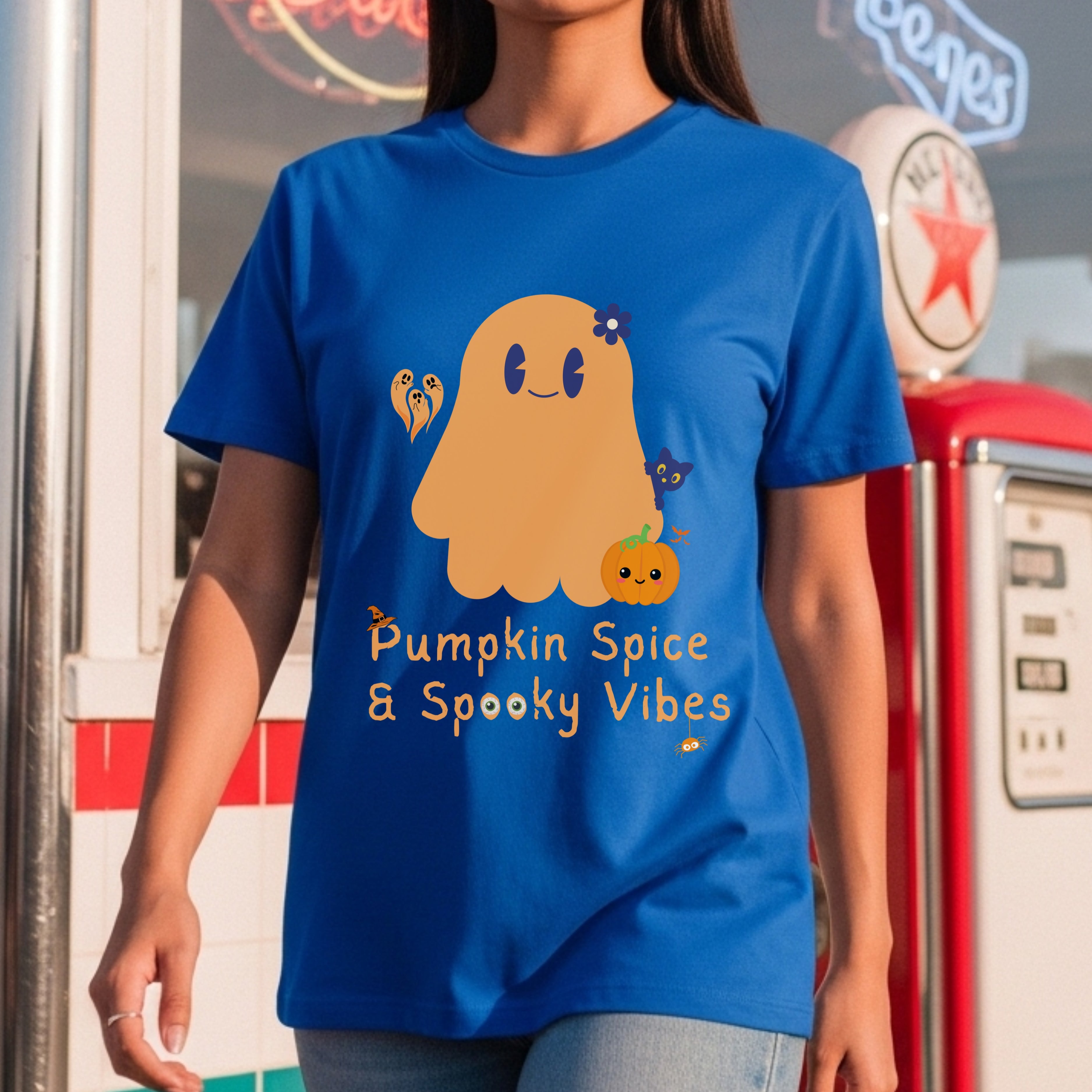 Pumpkin Spice & Spooky Vibes - Cute Halloween Ghost Autumn Season Statement Artwork